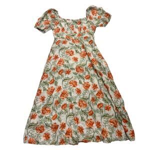 Joie Size 12 Floral Linen Blend Puff Sleeve Square Neck Midi Dress Cottagecore